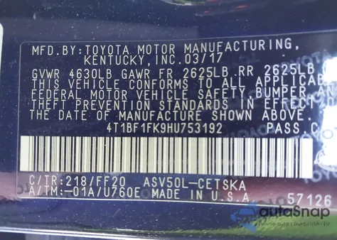 2017 Toyota Camry Se from USA, damaged, VIN 4T1BF1FK9HU753192